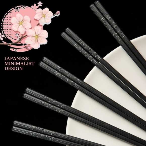 5 Pairs of Chopsticks 🍣 Reusable & Non Slip with Black Cherry Blossom Design - Picture 2 of 10